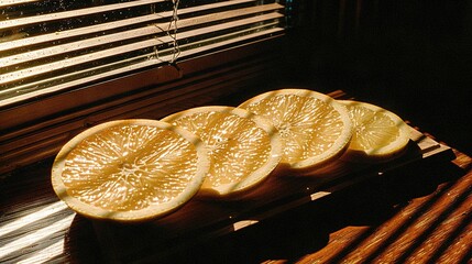 Poster -   Lemons on wooden table near window with blind