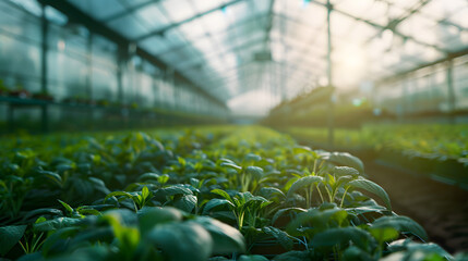 A futuristic greenhouse with climate control and automated planting systems.