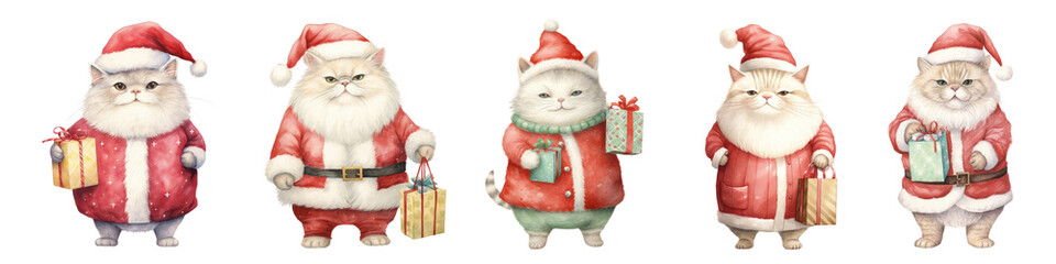 Poster - Cat wearing red santa hat watercolor png element set on transparent background