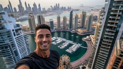 Skyscrapers in the background of a man taking a selfie, travel concept