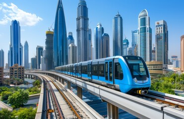 tube, metro railway track view of dubai, uae. with city buildings and approaching train