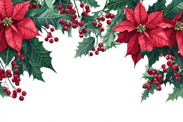 Wall Mural - Christmas border composed of holly leaves, red berries and poinsettia flowers, creating a festive atmosphere