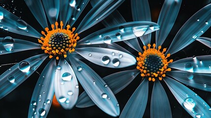 Poster -   A macro shot of a flower with water droplets adorning its petals and the focal point being the center of the petals