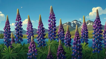 Sticker -   A stunning landscape featuring purple flower field beside water, and majestic mountains in backdrop