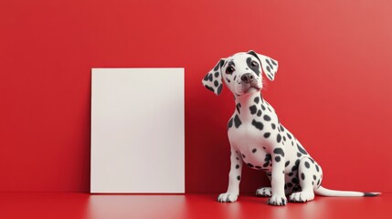 A Dalmatian puppy sitting against a red background next to a blank white canvas. Ideal for advertising and design purposes.