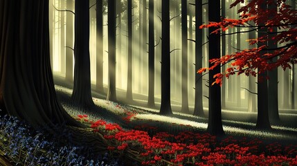 Poster -   A vast forest brimming with multitudes of red and blue blossoms abuts another