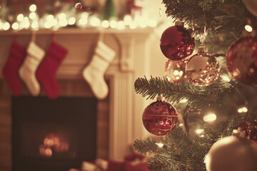 Wall Mural - christmas tree decorated with sparkling ornaments in a cozy living room with fireplace and christmas