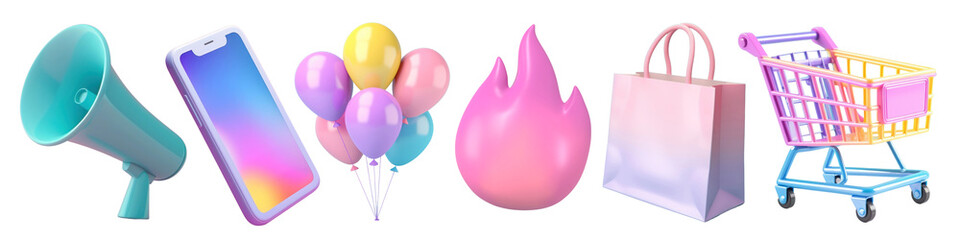 3d pastel shopping png cut out element set