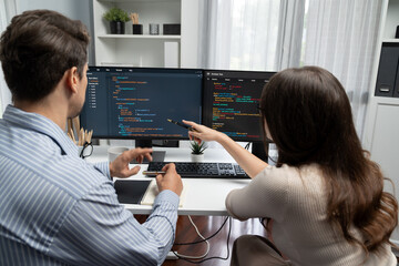 Wall Mural - team skilled developers program coding discussing creative website planning software project on two 