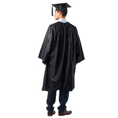 Graduate student wearing a cap and gown, standing with his back to the camera