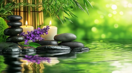 Zen stone stack with candles and lavender flowers in a peaceful garden setting