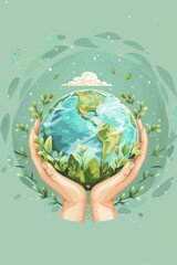 Wall Mural - hands holding the earth surrounded by flourishing green leaves on a light green background