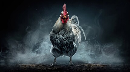 Poster -   A rooster with a red comb is standing in a smoky, misty area with smoke emanating from its back