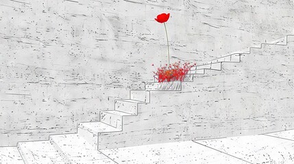 Poster -   A red flower in a white vase on a staircase with a red balloon above it