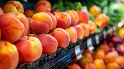 Wall Mural - Ripe peaches on display at a grocery store