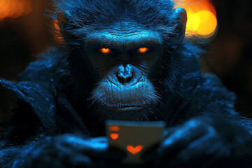 Animal Monkey plays poker blackjack in a casino, fantasy