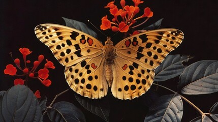 Sticker -   Butterfly on flower against black backdrop