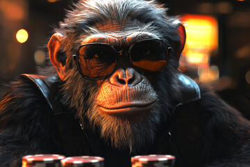 Animal Monkey plays poker blackjack in a casino, fantasy