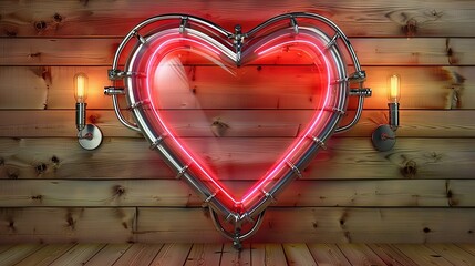 Wall Mural -   Neon heart shaped sign dangles from wooden wall with 2 hooks & nearby wall light