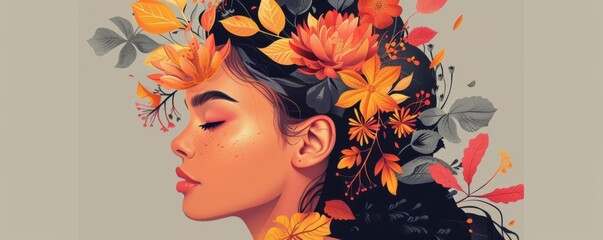 Autumn inspired illustration of a serene woman with vibrant seasonal flowers in her hair