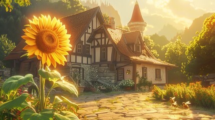 Canvas Print -   A sunflower sits atop a stone path as a house looms behind it in this stunning painting