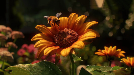 Poster -   Sunflower with bee amidst field of flowers and trees