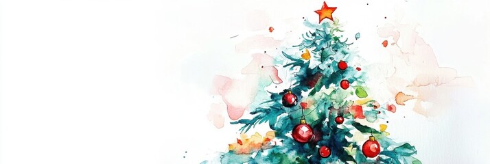 Beautiful Christmas tree with red star and balls, white background. Watercolor illustration. Horizontal banner. Copy space. Merry Christmas. Happy New Year. Festive background, postcard, template