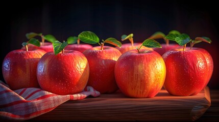 Poster -   Red apples sit on wooden table with red-white checkered cloth