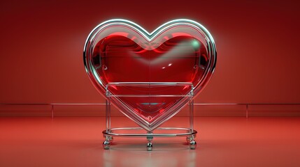 Wall Mural -  A red heart-shaped object rests atop a metal stand on a red floor, with a red wall in the background