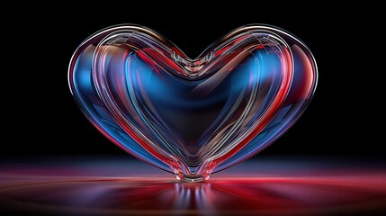 Wall Mural -  Blue and Red Heart Shape Reflecting Light on Black Background