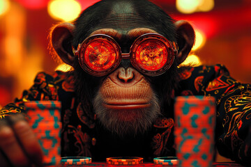 Animal Monkey plays poker blackjack in a casino, fantasy