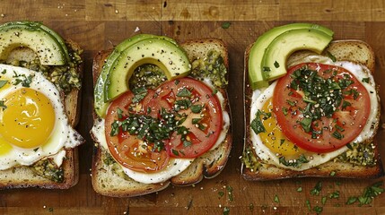 Poster -   Two slices of bread with avocado, tomato, and an egg on a wooden surface