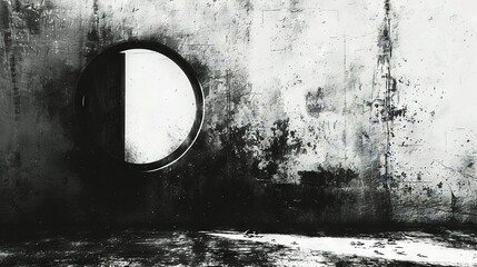 Sticker -  A monochrome image of a wall with a circular mirror centered on it and a hole in the center