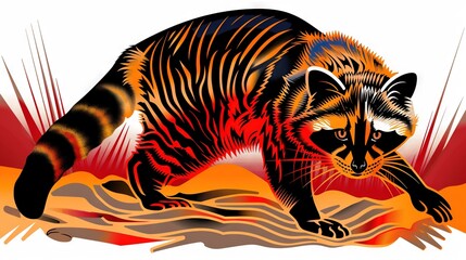 Wall Mural -   A raccoon walks across a desert, its reddish-orange fur marked by yellow stripes