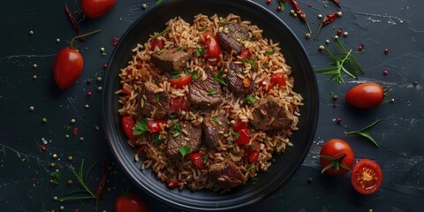 Poster - Delicious Pilaf with Meat Tomatoes and Rice on Dark Surface Top View