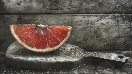 Sticker -   A halved grapefruit sits atop a cutting board alongside a knife and wooden block