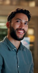 Leinwandbilder - Business, man and face with reading in office for research deadline or working overtime with report planning. Copywriting, happy employee and portrait with smile for online proposal and story article