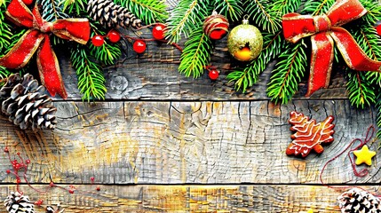 Sticker -   Wooden background with pine cones, Christmas decorations, and pine cones on a wooden planked surface