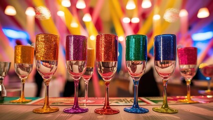 A row of colorful glasses with glitter on the rim