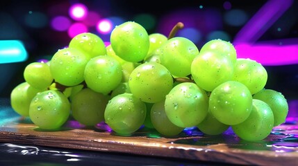 Sticker -   Green grapes on wooden cutting board under purple lights