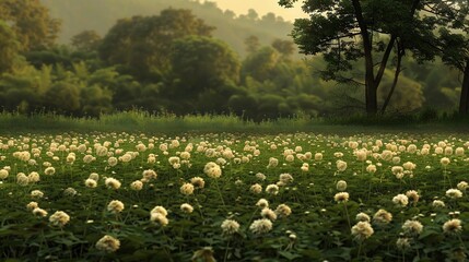 Poster -   A sea of white dandelions surrounds a lush forest landscape in the background