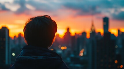 A person is looking out over a city at a sunset