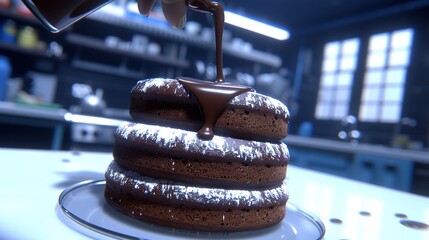 Poster -   A person pouring chocolate onto a chocolate cake on a plate set on a table