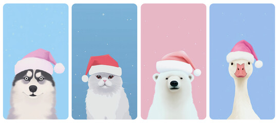 Wall Mural - Cute animals in Santa hats  png mobile wallpaper element set