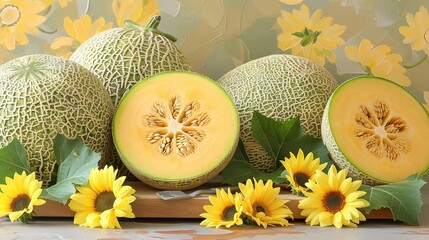 Poster -   A collection of melons resting on a wooden board alongside sunflowers