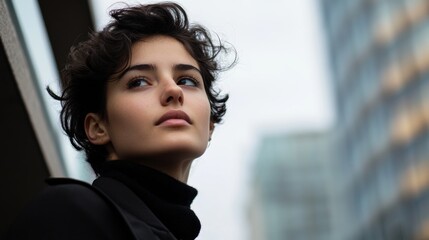 Wall Mural - A woman with short hair and a black sweater is looking up at the sky