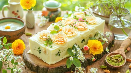 Poster -   A wooden cutting board supports a cake while bowls of nuts and flowers adorn the sides