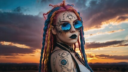 A woman with colorful hair and tattoos stands in front of a sunset