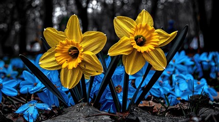 Poster -   Two yellow daffodils stand in a sea of blue flowers amidst the rustling trees