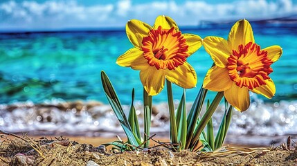 Poster -   Two daffodils in sand on beach with ocean in background and blue sky overhead